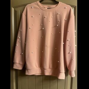 SHEIN Pink Pearl-Studded Crew Neck Sweater